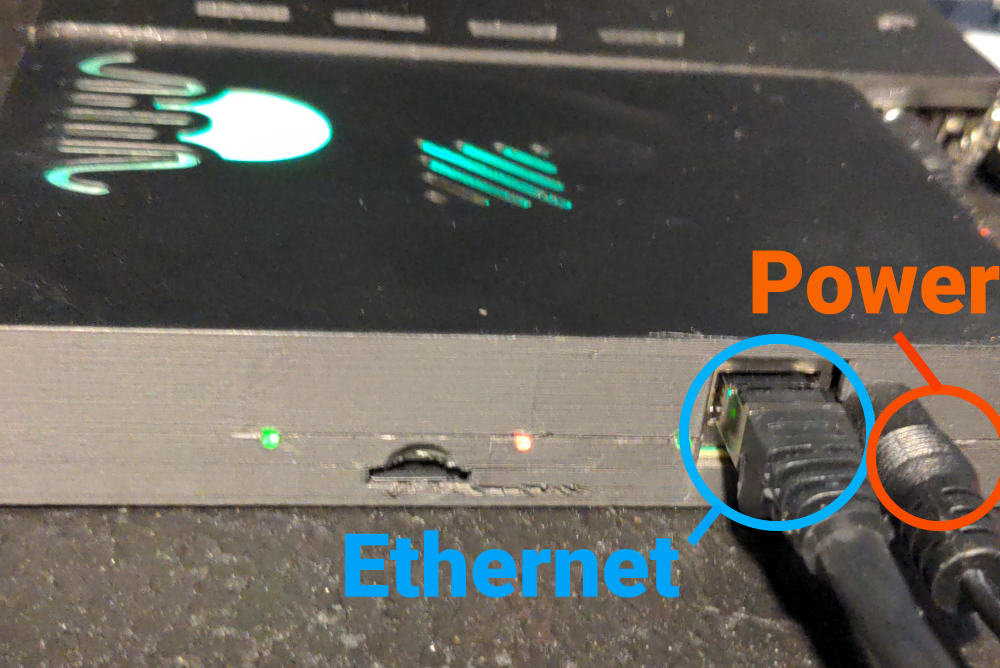 Power and Ethernet connections on the FPGA board